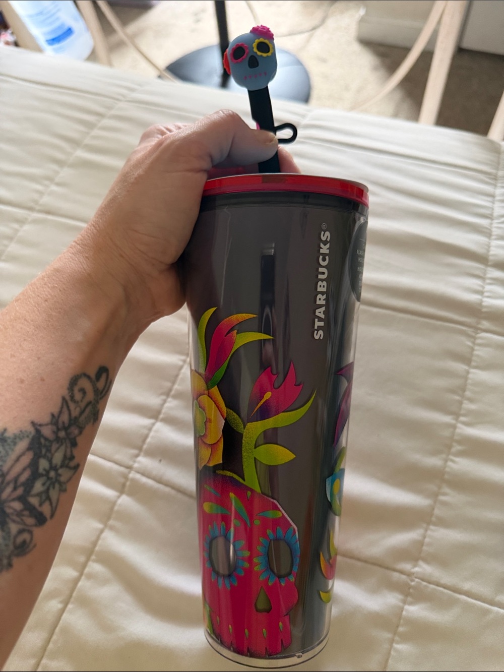 Starbucks 24oz Tumbler with Pink Floral Sugar Skull